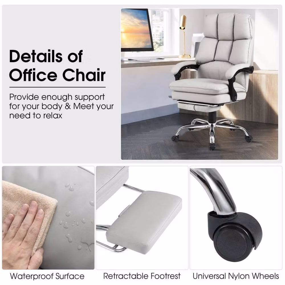 Costway Ergonomic Office Desk Chair with Footrest and Headrest in White Synthetic Leather – 4