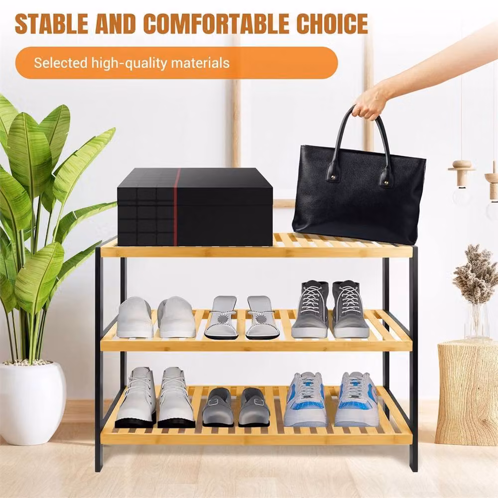 SPETLEK 3 Tier Natural Bamboo Shoe Rack Organiser, Brown, W/D/H: 70 x 55 x 25 cm – 3