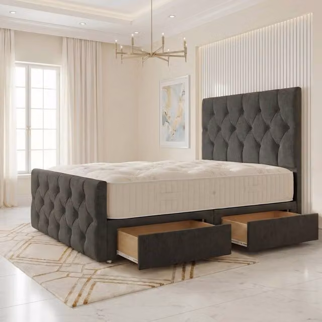 Somnior Ziggy Linen Divan Bed with 2 Drawers, Mattress, Headboard and Footboard, Dark Grey, W/D/H: 200 x 160 x 55.88 cm