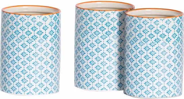 Nicola Spring Hand-Printed Ceramic Kitchen Utensil Holders, Blue, Pack of 3, 1 Litre – 1
