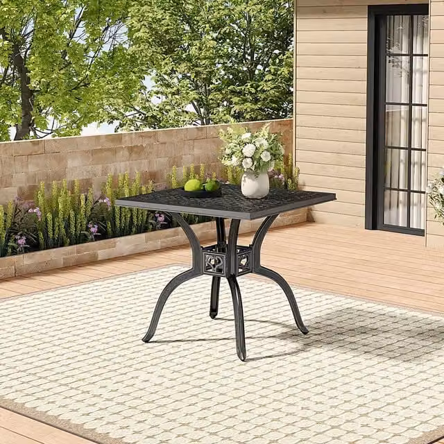 Livingandhome Modern Black Powder Coated Aluminium Garden Dining Table with Geometric Hollow Grid Pattern