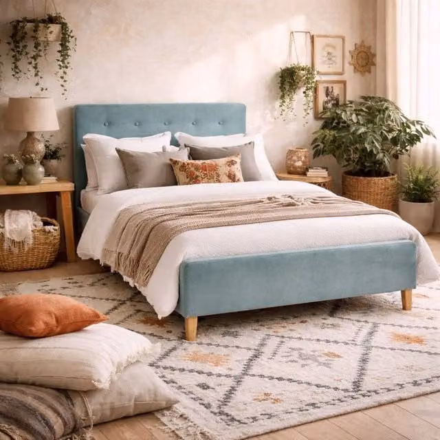 Wyld Haus Kinsale King Bed with Soft Aqua Blue Velvet Tufted Headboard and Footboard