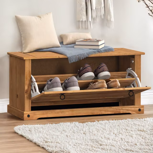 Mercers Furniture Corona Solid Pine Shoe Rack Bench in Antique Wax Brown and Grey