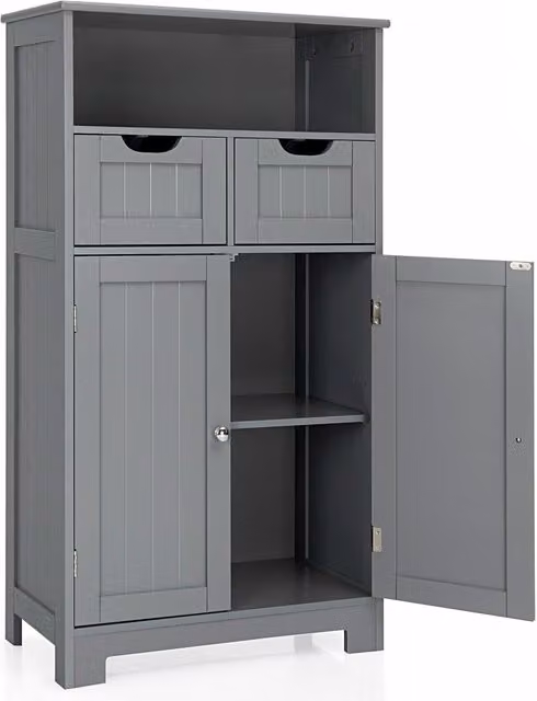 Costway Grey Wooden Bathroom Floor Cabinet with Adjustable Internal Shelves and Hinged Doors