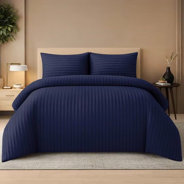Lazzaro Home Premium Brushed Microfibre Embossed Stripes Reversible Duvet Cover and Pillowcase Set in Navy Blue, Super King