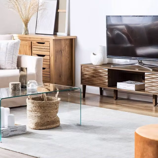 Wyld and Coco Dark Brown Retro TV Stand for up to 75 Inch TVs with Two Cabinets, W: 160 cm, D: 40 cm, H: 46 cm – 1