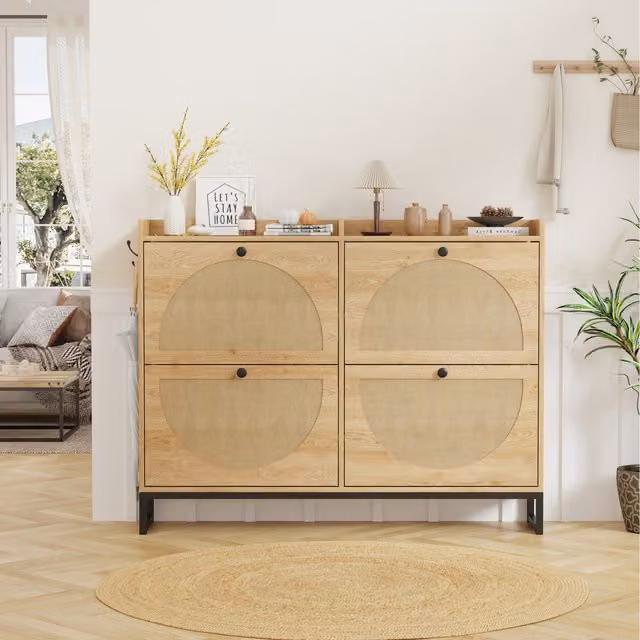 HMD Furniture Scandinavian Rattan Design Shoe Cabinet in Beige with Tilting Compartments W/D/H: 93.5 x 23.5 x 23.5 cm