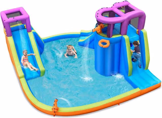 COSTWAY Inflatable Water Park with Slide and Spray in Blue and Multicolour
