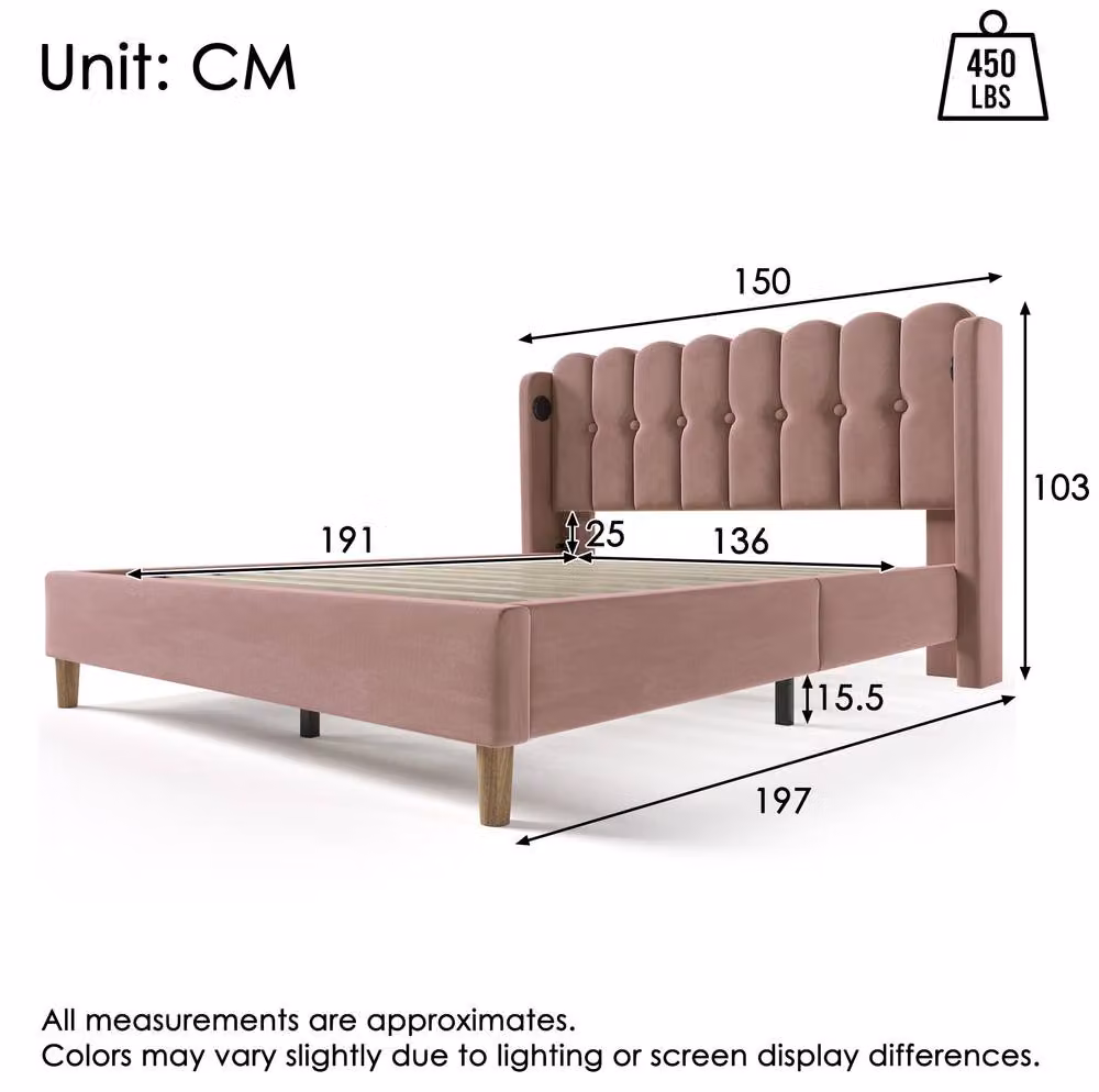 STILVORA Pink Velvet Upholstered Double Bed Frame with USB and Type-C Charging Ports, W/D/H: 140 x 200 x 103 cm – 2