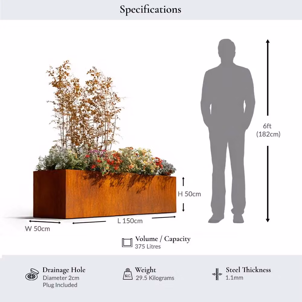 Access Garden Products Corten Steel Trough Planter with Feet in Brown, W: 150 cm – 2