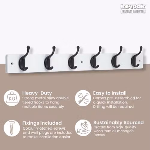 keypak Modern Wall Mounted Coat Rack with 6 Matte Black Metal Hooks on a White Wood Base – 2