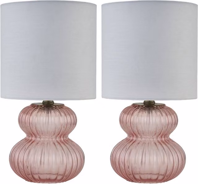 First Choice Lighting Walter Set of 2 Pink Ribbed Glass Table Lamps with White Fabric Shades – 1