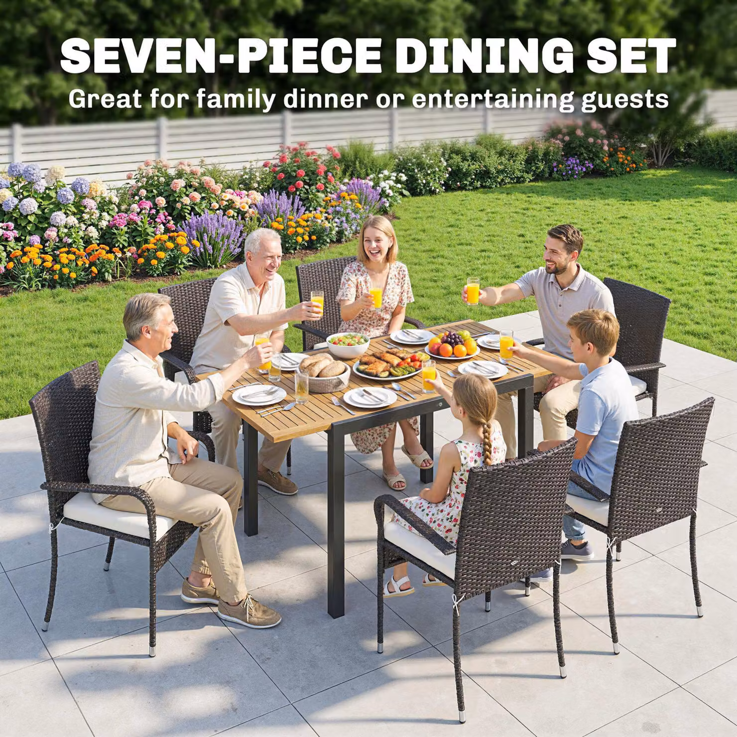 Outsunny 7 Piece Rattan Garden Furniture Set with Extendable Acacia Wood Tabletop and 6 Stackable Chairs – 4