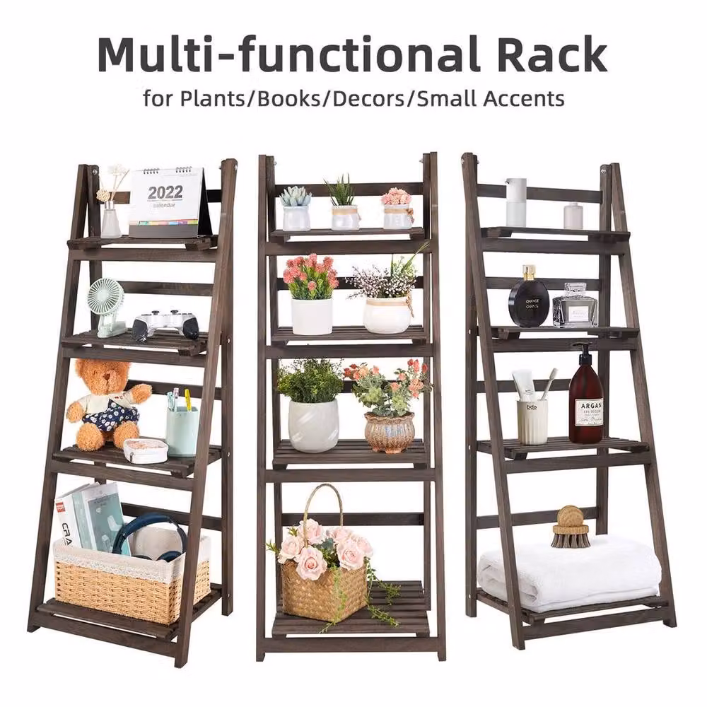 NESTLUNE 4 Tier Wooden Ladder Storage Rack Display Stand in Brown, W/D/H: 100 x 100 cm – 4
