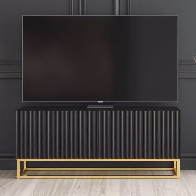 Mex Furniture LTD Ripple TV Unit in Black with Gold Accents and Fluted Doors, W: 100 cm, H: 45 cm, D: 35 cm