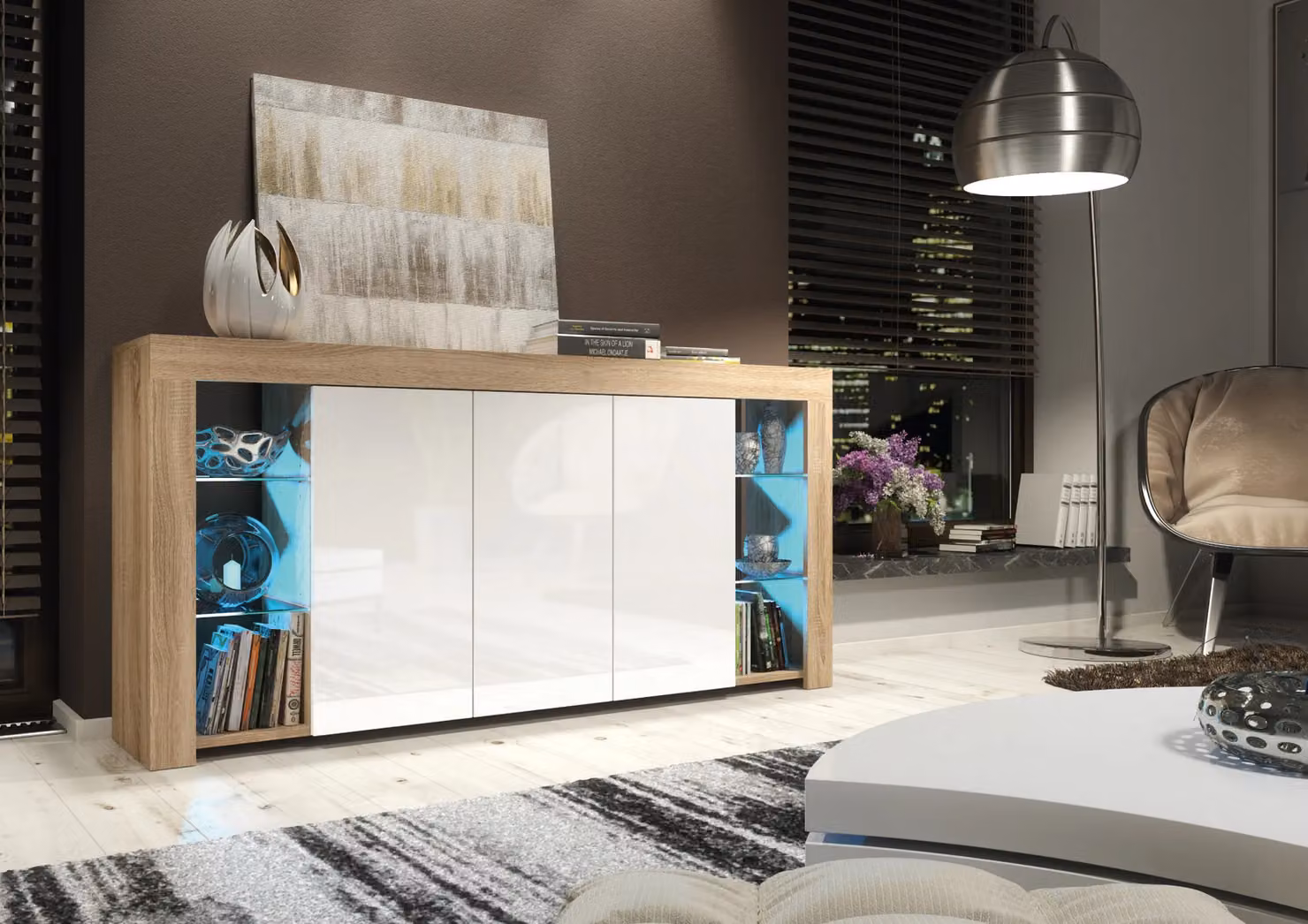 Mex Furniture LTD Modern Sideboard with Integrated LED Lighting and Glossy Doors in Light Oak, W: 164 cm, H: 83 cm, D: 35 cm – 3