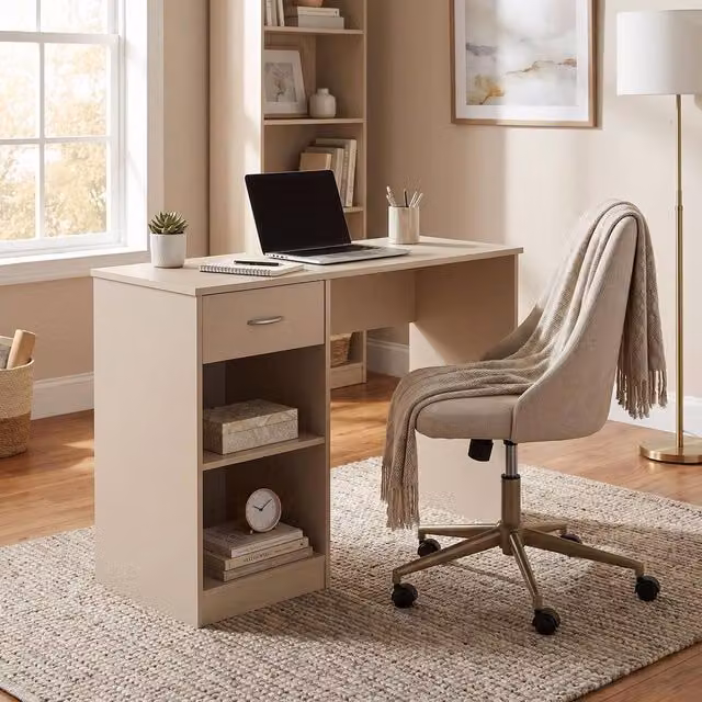 FWStyle Promo Putty Modern Writing Desk and Dressing Table with 1 Drawer and 2 Shelves in Beige