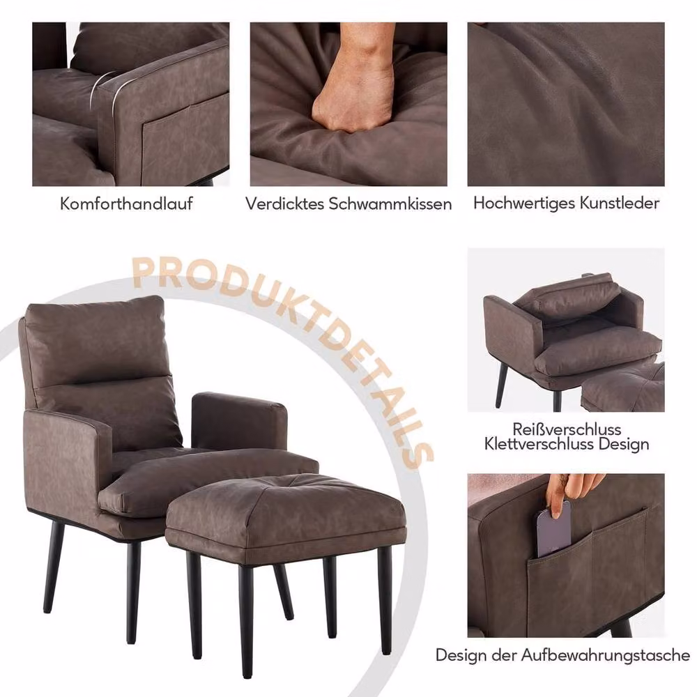 KORVIXA Brown Synthetic Leather Recliner Lounge Chair with Ottoman – 3