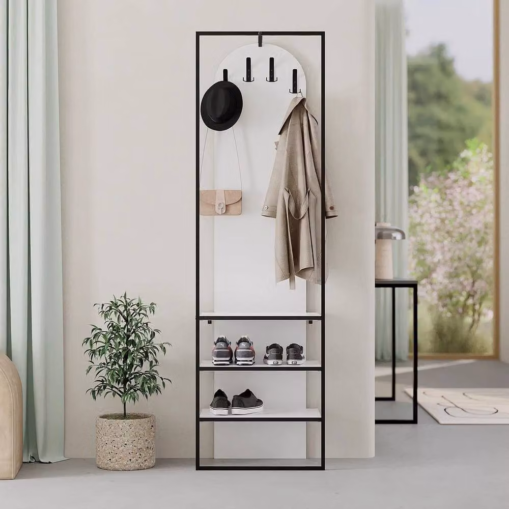 Havendro White Tall Slim Hallway Shoe Storage Coat Rack with Distributed Point Hooks – 2