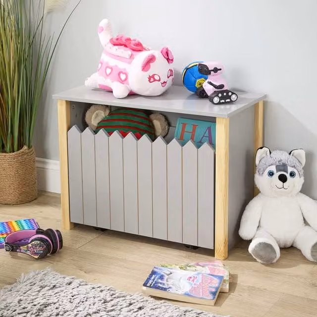 Home Source Ziggy Grey Childrens Pull Out Toy Box Storage Bench, W: 76.0 cm, D: 35.5 cm, H: 51.0 cm