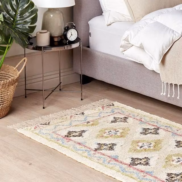 Wyld and Coco Handwoven Multicolour and Beige Jute and Cotton Oriental Boho Rug with Fringes, W: 80 cm, L: 150 cm
