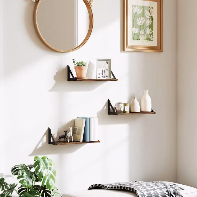 HOMCOM Set of 3 Rustic Oak Wall Mounted Floating Shelves