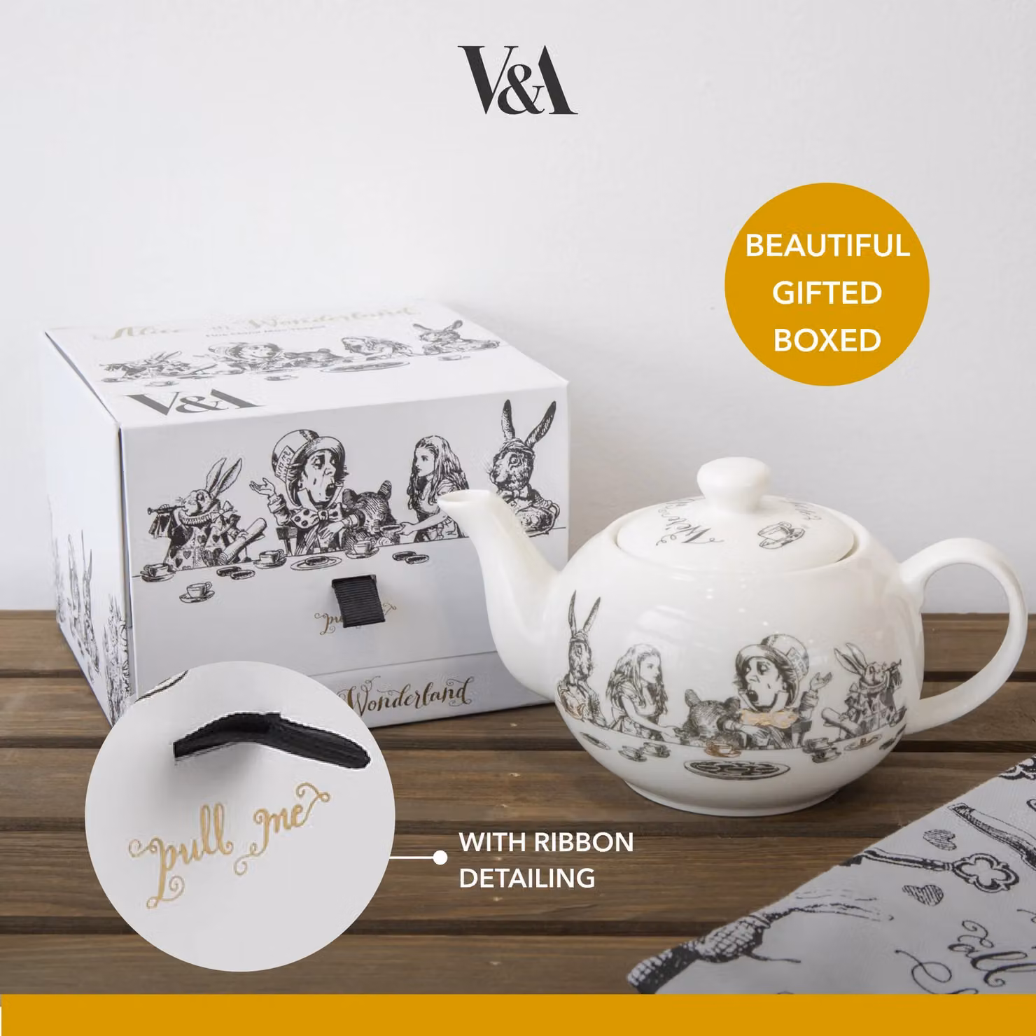V&A Alice in Wonderland Mini Bone China Teapot in White, Gold and Multicolour, 0.45 l – 3