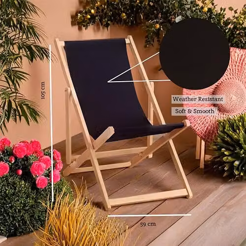 Premier Housewares Beauport Folding Wooden Deck Chair with Armrests, Black, W/D/H: 59 x 105 x 59 cm – 3