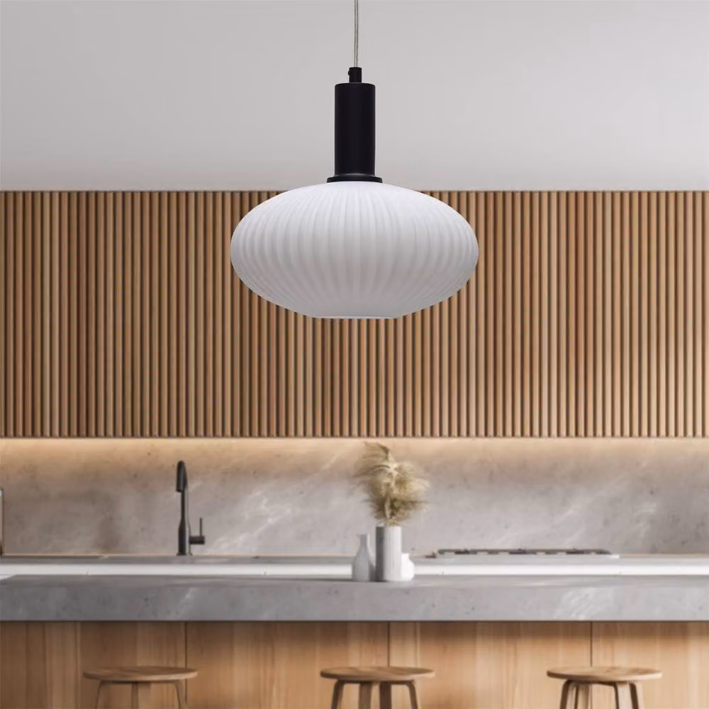 First Choice Lighting Set of 2 Baton Black Deco Pendant Fittings with White Ribbed Oval Glass – 2