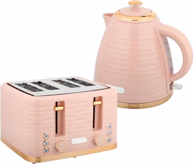 HOMCOM Kettle and 4 Slice Toaster Set with 7 Browning Controls and Crumb Tray, Light Pink