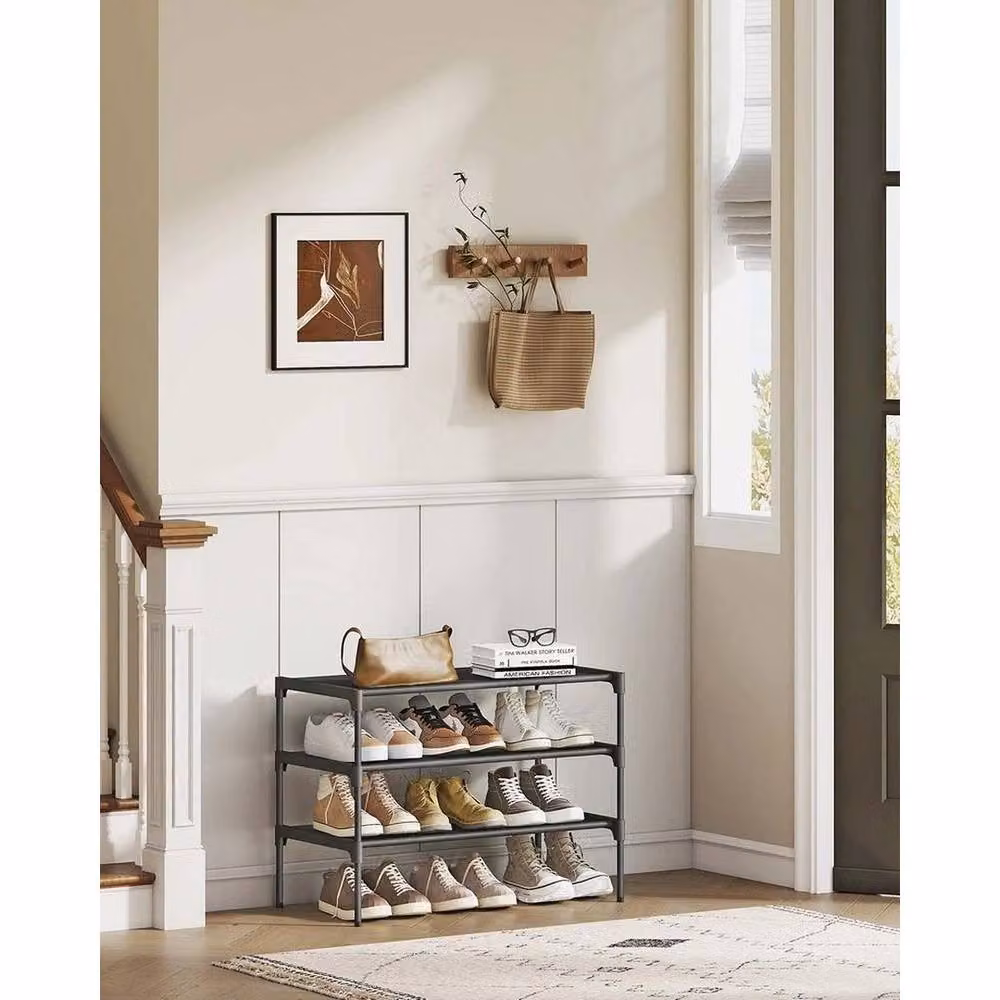 VOGREX 3-Tier Stackable Shoe Rack with Metal Frame and Fabric Shelves in Black, W/D/H: 62.3 x 29.7 x 53.5 cm – 2