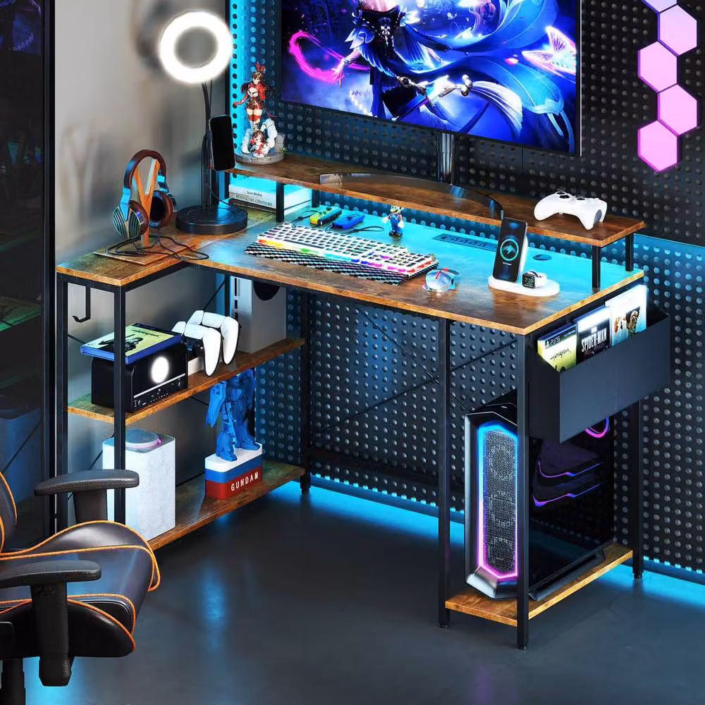 Gymax L-Shaped Gaming Desk with LED Lights in Brown – 3