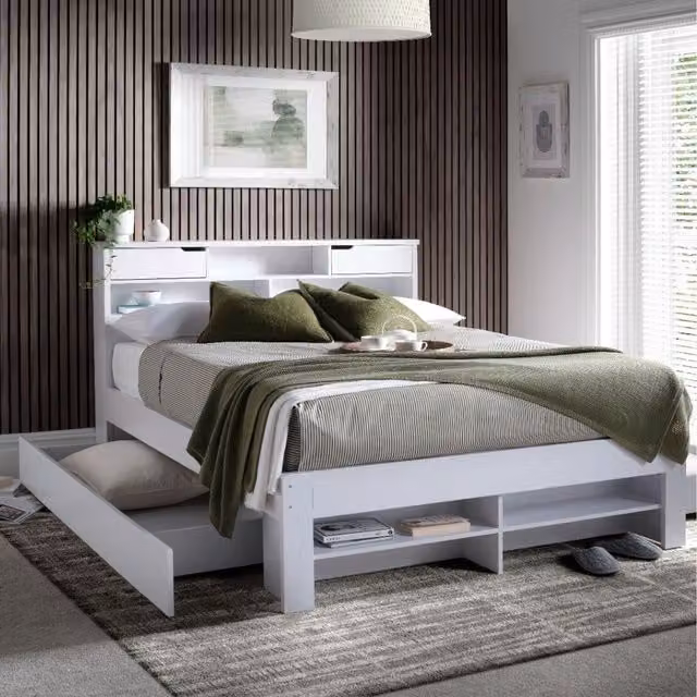 Bedmaster White Solid Wood Modern Storage Bed with Drawers W/D/H: 140 x 200 cm