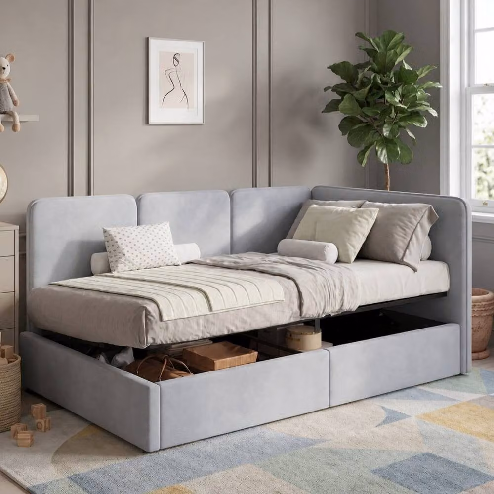 Rolipo Grey Velvet Single Ottoman Daybed with Storage, W/D/H: 90 x 190 cm – 3