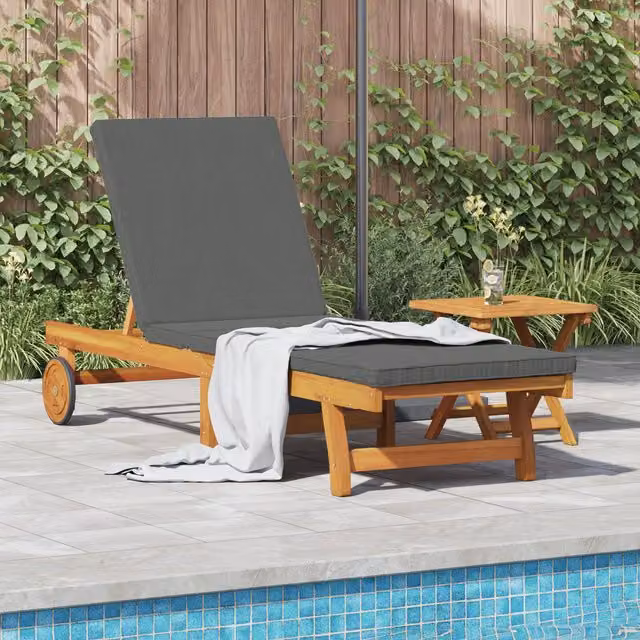 Berkfield Home Acacia Wood Sun Lounger with Wheels and Dark Grey Cushion in Brown