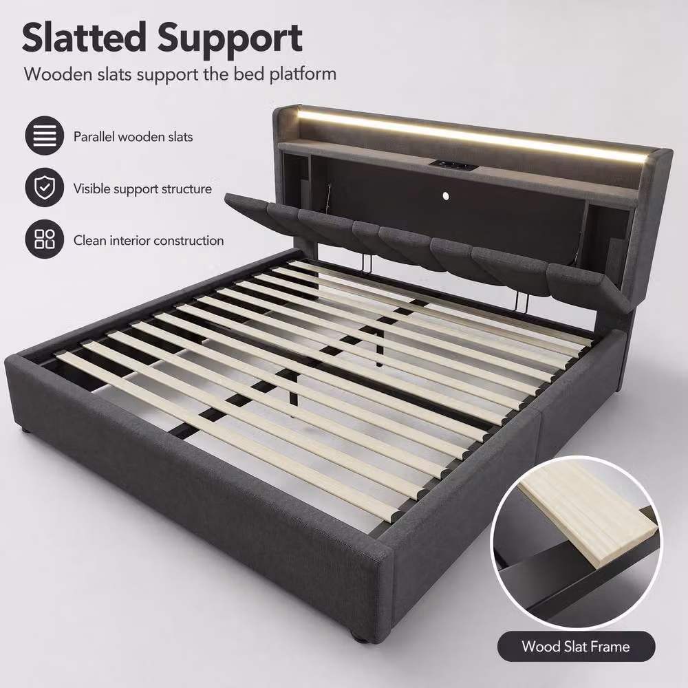 STILVORA Grey Fabric King Bed Frame with LED Lighting, USB Charging Ports and Lift-Up Storage Base – 6
