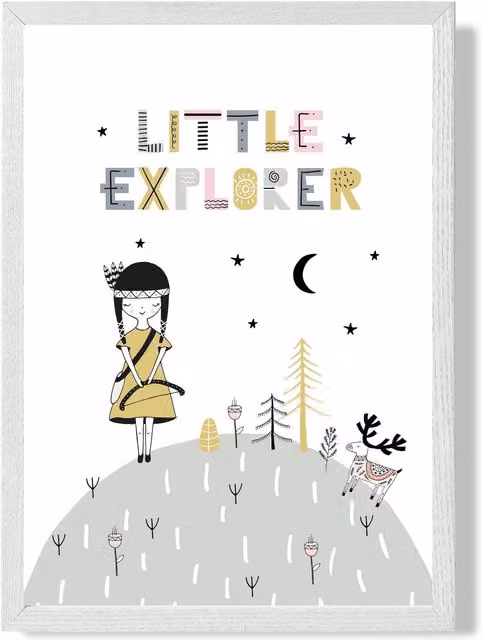 ARTZE Cute Little Explorer Scandi Quote Framed Print in Pink with White Frame, A2