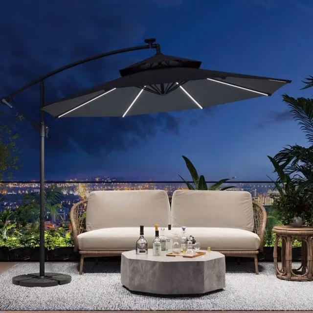 Breeins 3m Cantilever Parasol with Lights and Fillable Oval Base in Dark Grey