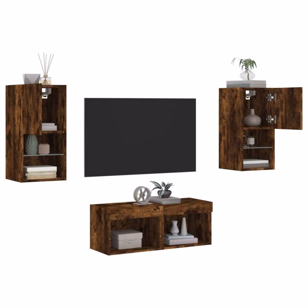 Berkfield Home Decorative 4 Piece Modern Wall Mounted TV Cabinets with Integrated LED Lighting in Smoked Oak Brown – 4