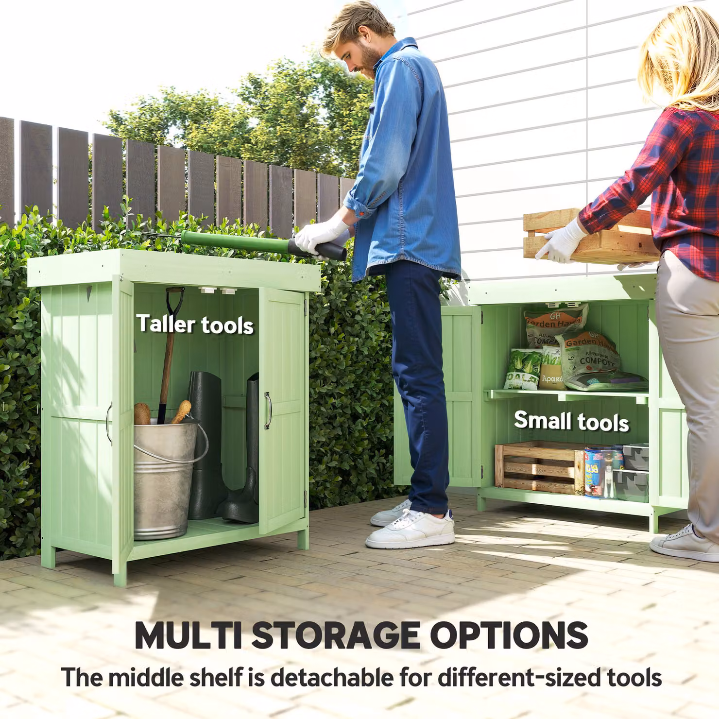 Outsunny Small Wooden Garden Shed with Double Doors, Removable Shelving and Roof Vent, Light Green, W: 74 cm, D: 43 cm, H: 88 cm – 2