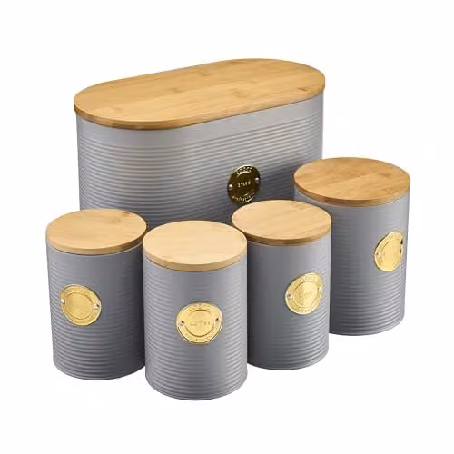 Cooks Professional 5 Piece Ribbed Stainless Steel Kitchen Storage Canister Set with Airtight Bamboo Lids, Grey and Gold