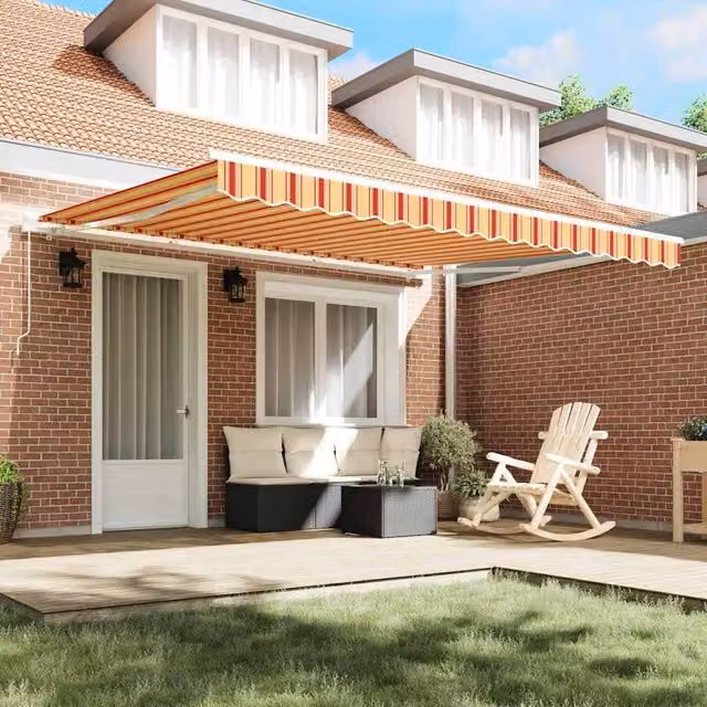 Berkfield Home Manual Retractable Folding Arm Awning in Yellow and Orange Striped Polyester, W: 400 cm, D: 300 cm