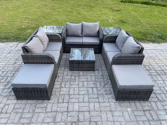 Fimous 8 Seater Rattan Garden Furniture Set in Dark Grey with U-Shape Sofa, Love Seat, Square Coffee Table and 2 Ottomans