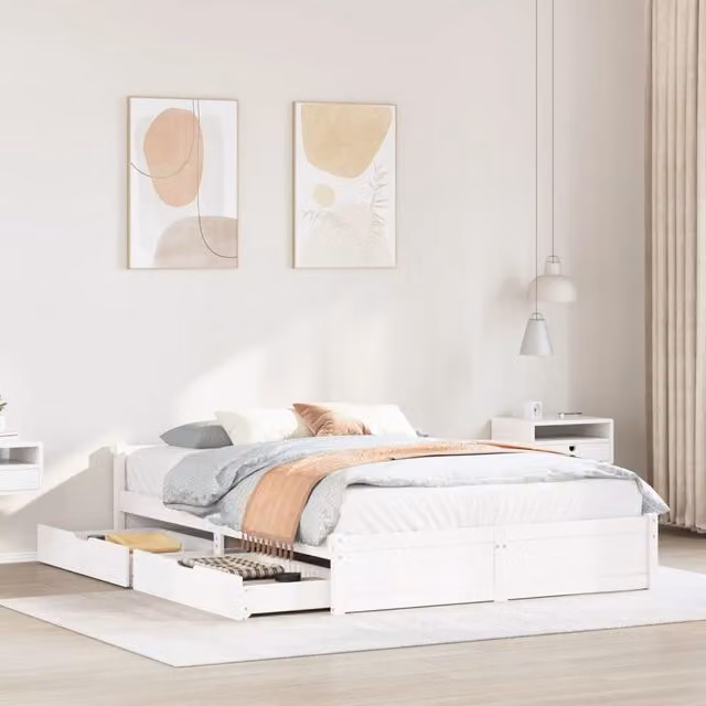 Berkfield Home White Solid Pine Bed Frame with Drawers W/D/H: 140 x 190 cm