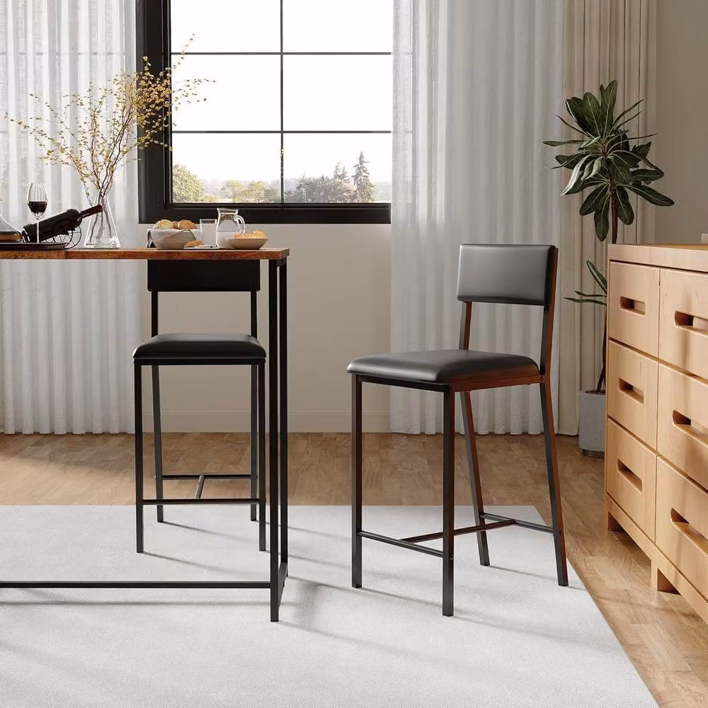 London Boutique Set of 2 Black Synthetic Leather Upholstered Bar Stools with Footrest and Backrest – 4