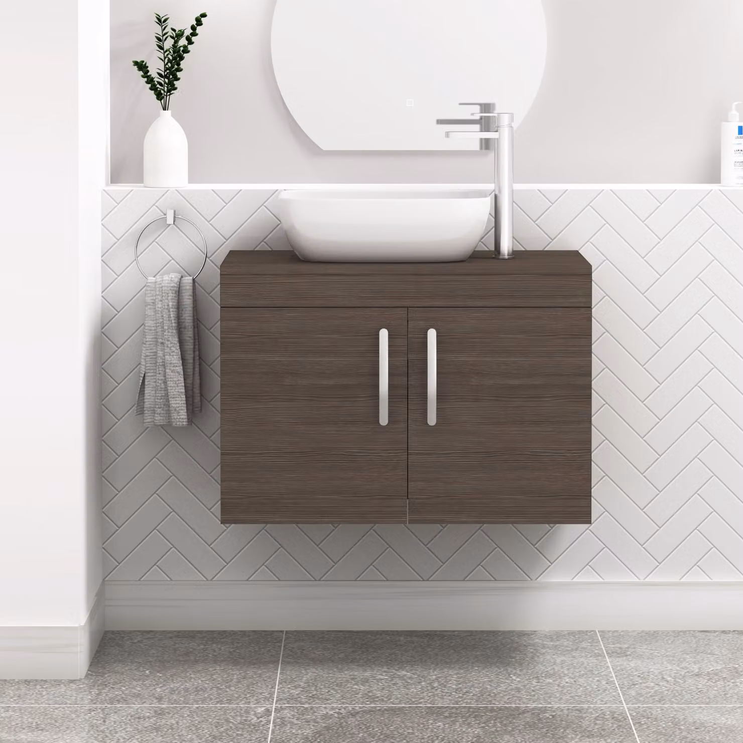 Royal Bathrooms Turin 800mm Wall Hung 2 Door Vanity Unit in Grey Elm with Soft Close Doors
