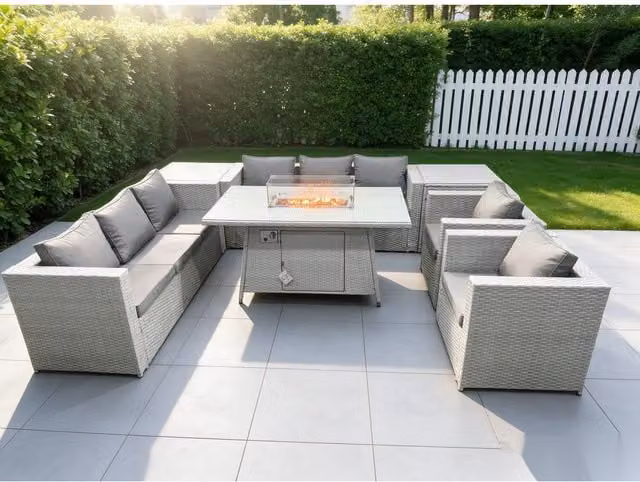 Fimous Modern Rattan Garden Furniture Set with Fire Pit, Two Side Coffee Tables and Chairs in Light Grey