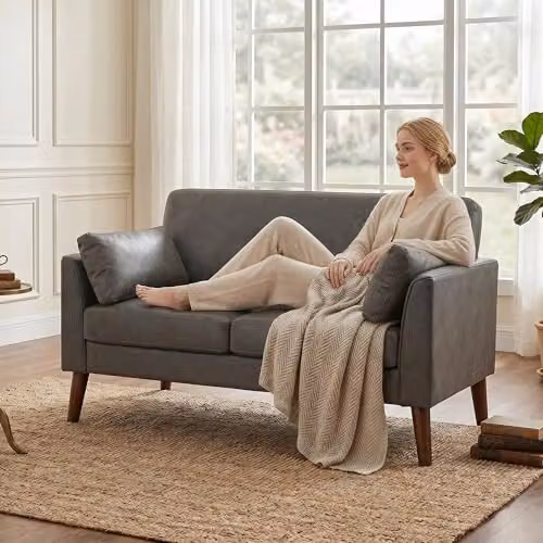 HOMCOM 2 Seater Sofa in Grey PU Leather with Rubberwood Legs, W: 132 cm, H: 79 cm, D: 74 cm – 7