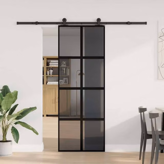 Berkfield Home Modern Sliding Door with Hardware Set, Black Aluminium and Transparent Tempered Glass, W: 76 cm, H: 205 cm