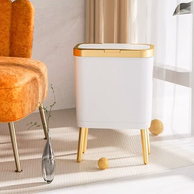 Livingandhome Touch Sensor Rubbish Bin with Lid and Hidden Bag Ring in White and Gold